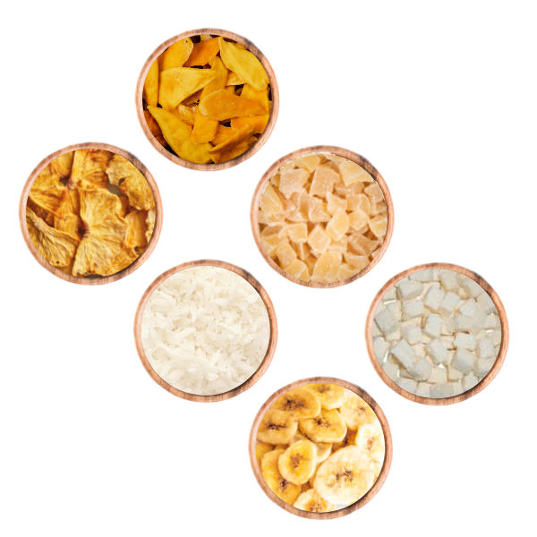 fruits secs exotiques : mangue séchée, gingembre confit, banane chips, mangue séchée, coco cube 